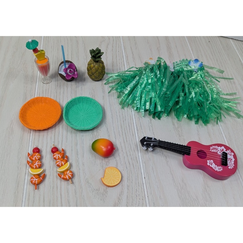 Battat Our Generation Tropical‎ Doll Accessories Drinks Ukulele Grass skirt lot